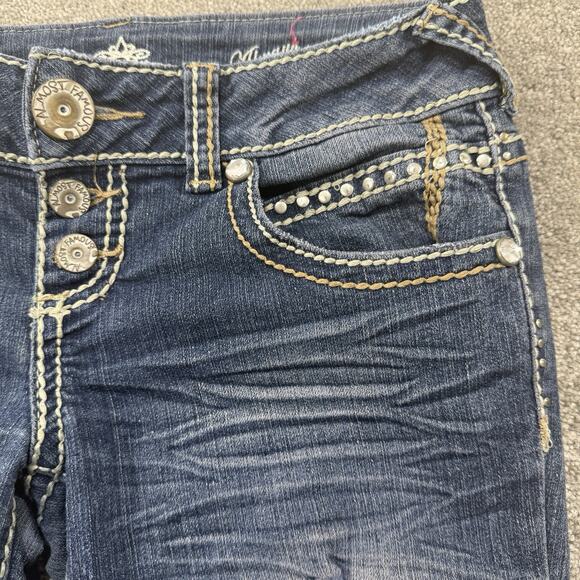 Almost Famous Womens 5 Rhinestone Flap Pocket Distressed Skinny Jeans Blue Denim - Picture 7 of 13